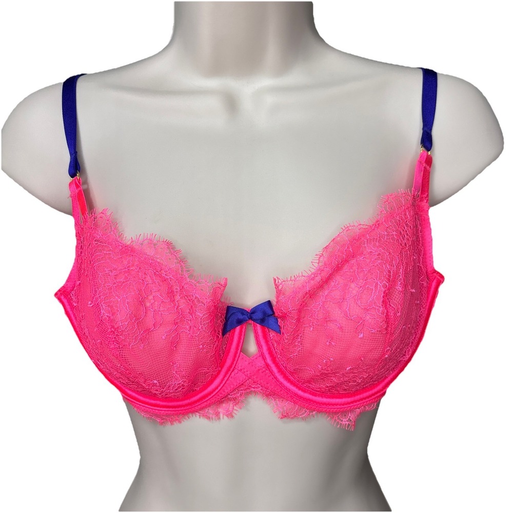 Victoria's Secret 32C Lace Neon Pink Unlined Demi Bra Very Sexy